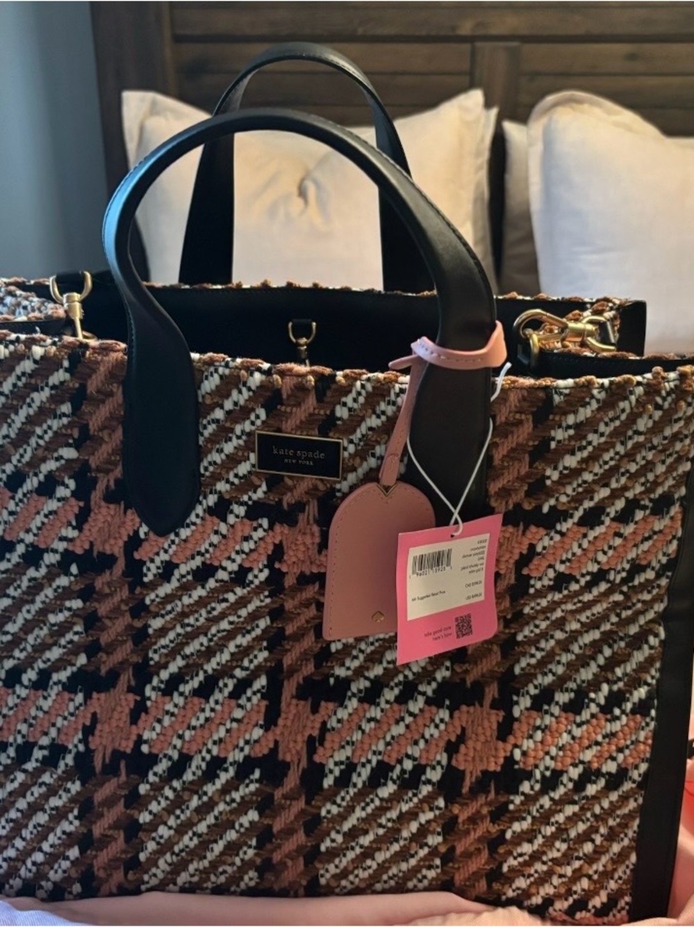 kate spade Pink, Black & Cream Tweed Tote with Leather Handles